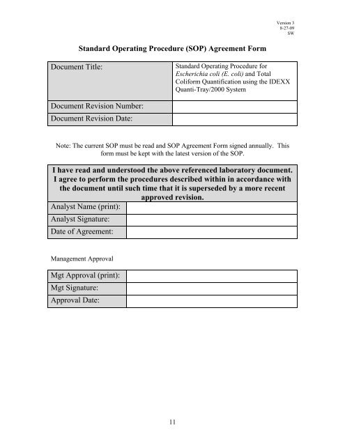 Standard Operating Procedure for Escherichia coli - Division of ...