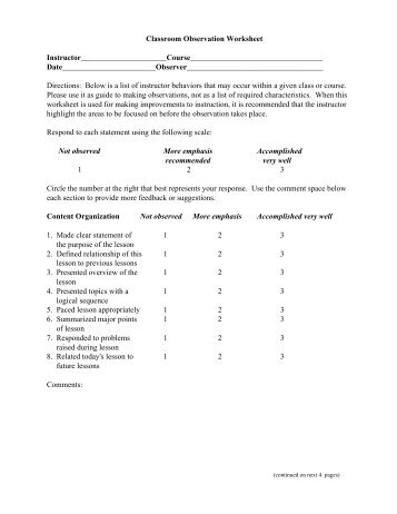 Classroom Observation Worksheet ...