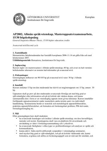 AP2802, Allmän språkvetenskap, Masteruppsats/examensarbete, 15 ...