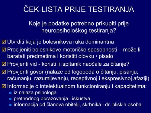 Postupak neuropsihologijskog ispitivanja, metrijske karakteristike ...