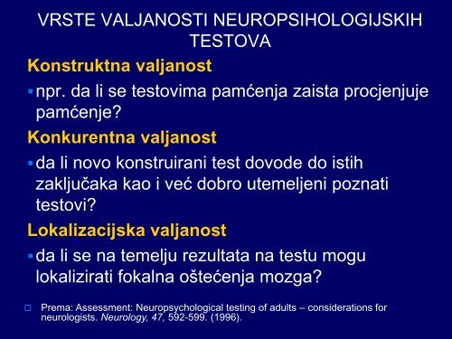 Postupak neuropsihologijskog ispitivanja, metrijske karakteristike ...