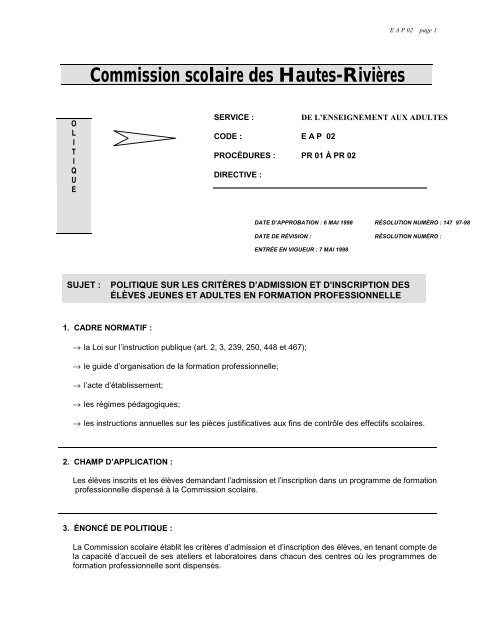 EAP 02 - Commission scolaire des Hautes-RiviÃ¨res