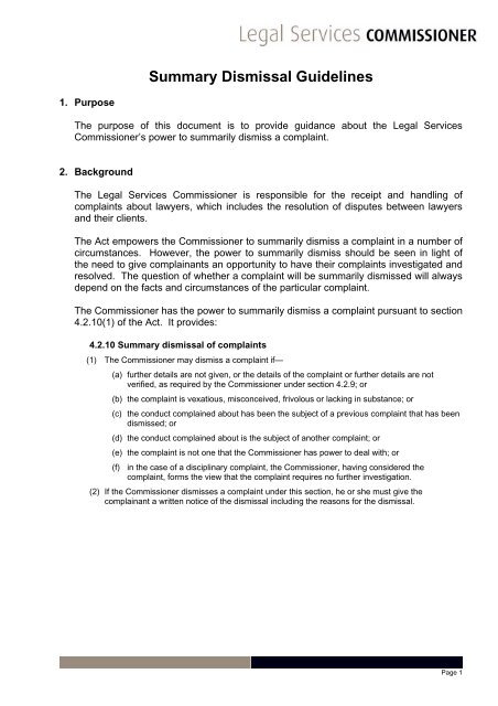 Summary Dismissal Guidelines - Legal Services Commissioner