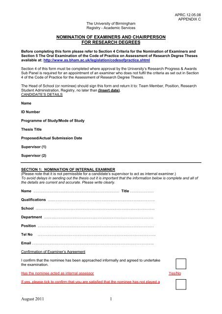 APRC 120508 appendix C nomination (PDF - 48KB) - University of ...