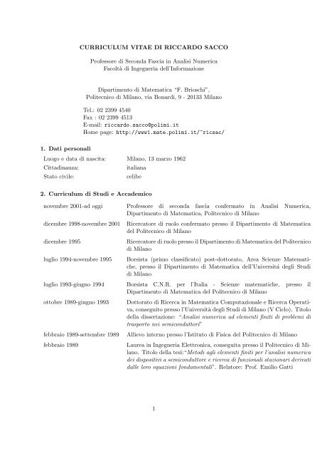 Riccardo Sacco S Cv Department Of Mathematics Politecnico Di
