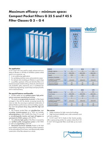 Compact Pocket Filters G 35 S and F 45 S Filter Classes G 3