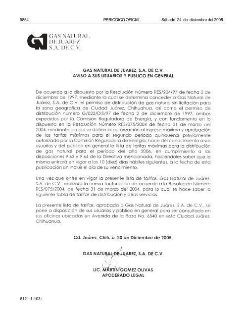 24 de Diciembre del 2005 (103) - Gobierno del Estado de Chihuahua