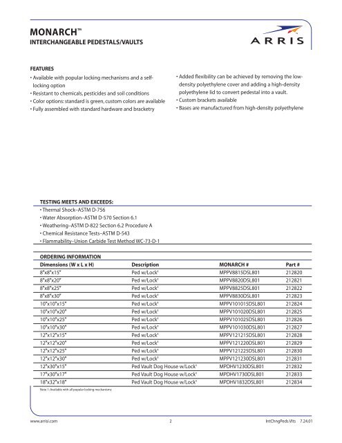 MONARCH Interchangable Pedestals/Vaults Spec Sheet - Arris