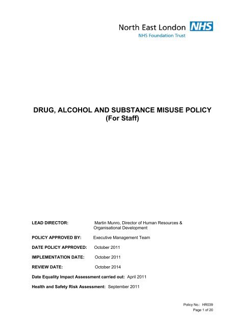 DRUG, ALCOHOL AND SUBSTANCE MISUSE POLICY - North East ...