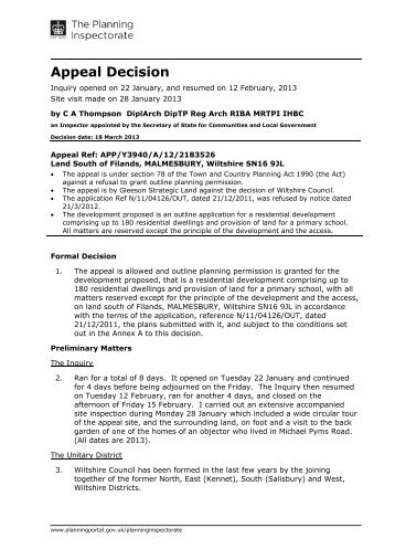 Land South of Filands, MALMESBURY, Wiltshire Decision letter