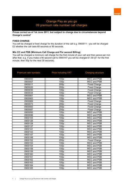 Orange Pay as you go 09 premium rate number call charges