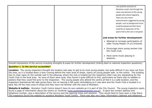 Inspection Report - Woolston Youth Centre - Young Southampton