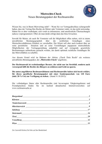 Mietrechts-Check Neues Beratungspaket der Rechtsanwälte