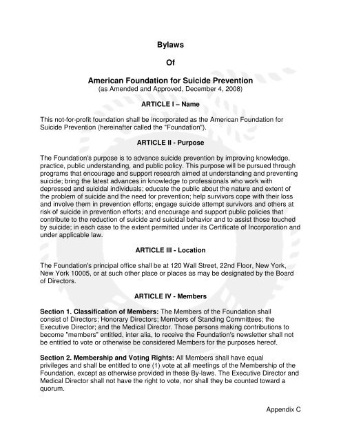 Bylaws Of American Foundation for Suicide Prevention