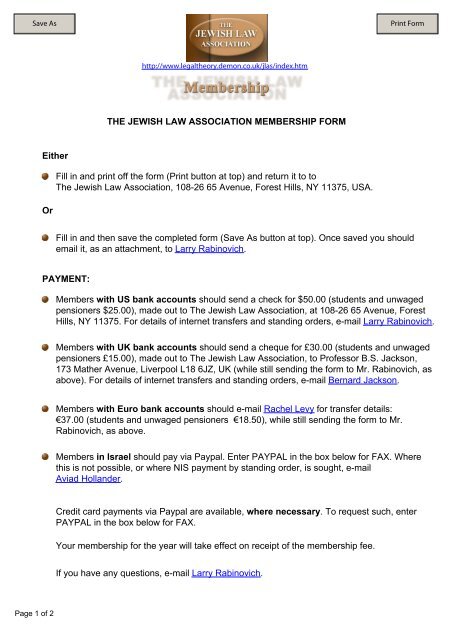 THE JEWISH LAW ASSOCIATION MEMBERSHIP FORM Or Either ...