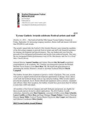 Tyrone Guthrie Awards celebrate Festival artists ... - Stratford Festival