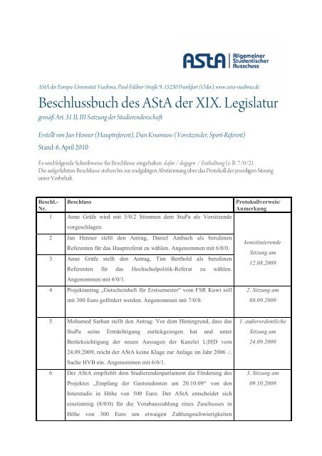 Beschlussbuch des AStA der XIX. Legislatur - AStA der Europa ...