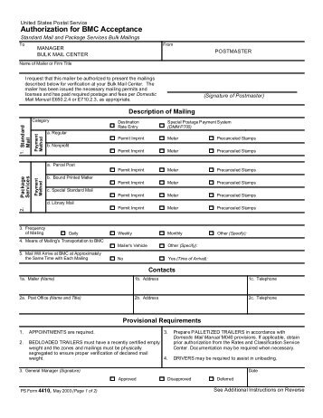 PS Form 4410, Authorization for BMC Acceptance - NALC Branch 78