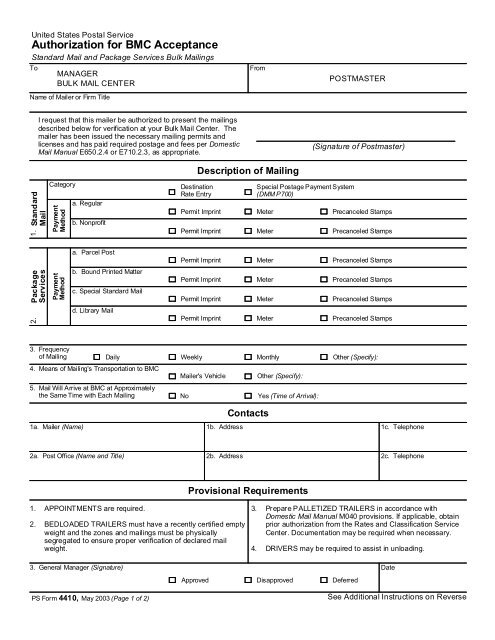PS Form 4410, Authorization for BMC Acceptance - NALC Branch 78
