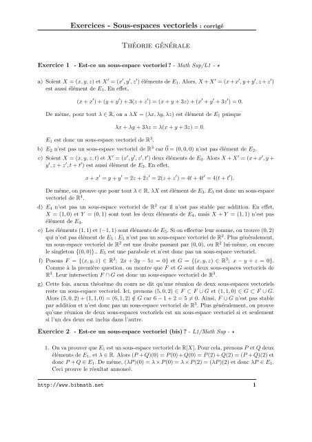 Exercices - Sous-espaces vectoriels : corrigÃ© ThÃ©orie ... - Bibmath