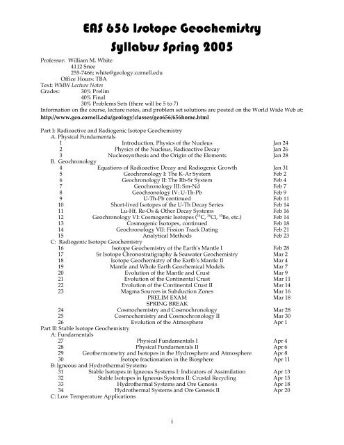Cornell Prelim Schedule Spring 2022 Eas 656 Isotope Geochemistry Syllabus Spring 2005