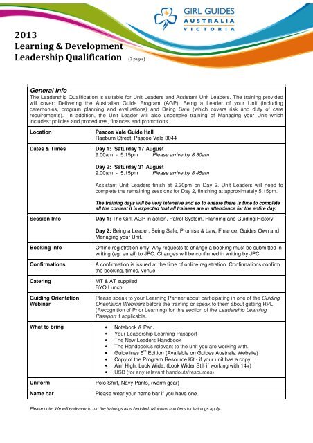 2013 Learning & Development Leadership Qualification (2 pages)