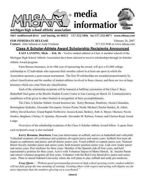 Class A Scholar-Athlete Award Scholarship Recipients Announced