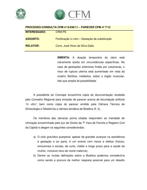 PROCESSO-CONSULTA CFM nÂº 8.036/11 â PARECER CFM nÂº 7 ...