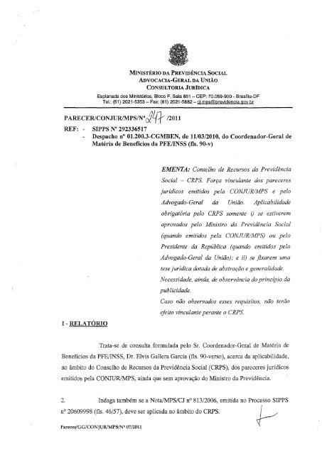 conjur nÂº 247 - MinistÃ©rio da PrevidÃªncia Social