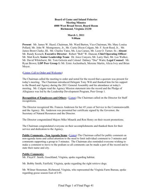 Final Minutes Virginia Department Of Game And Inland Fisheries