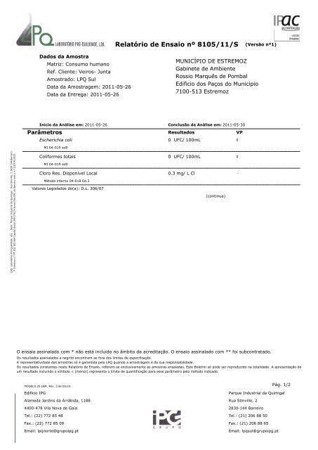 RelatÃ³rio de Ensaio nÂº 8105/11/S (VersÃ£o nÂº1)