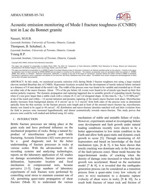 test in Lac du Bonnet granite - Civil Engineering - University of Toronto