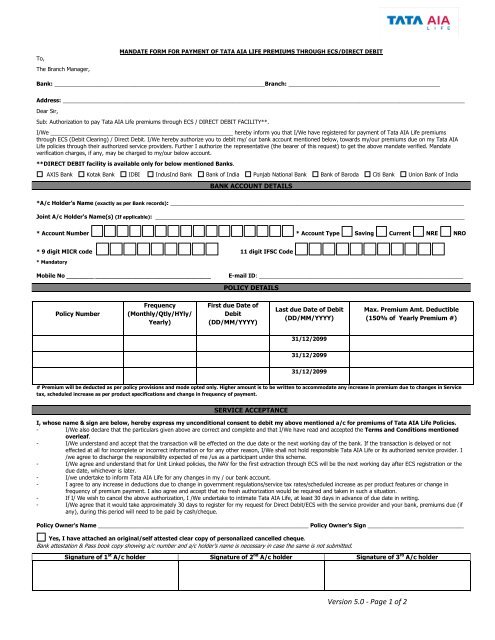 ECS Form Tata AIA Life Insurance tata-aia-param-rakshak-term-plan-return-on-maturity-best-life
