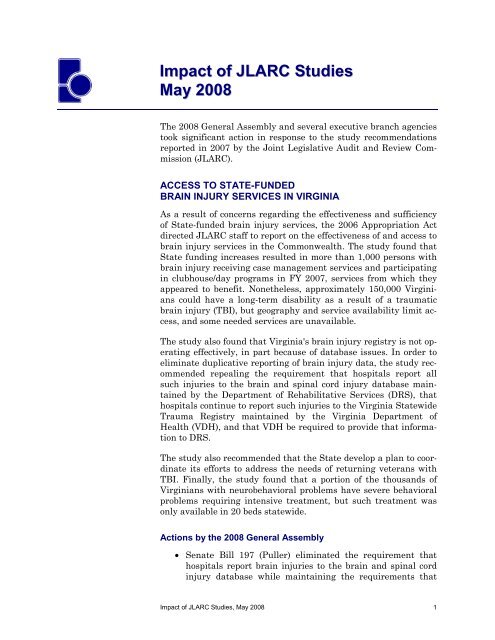 2008 Legislative Impact of JLARC Studies - Virginia Joint Legislative ...