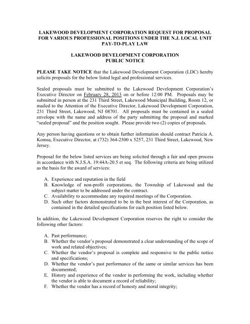 lakewood development corporation request for proposal for various ...