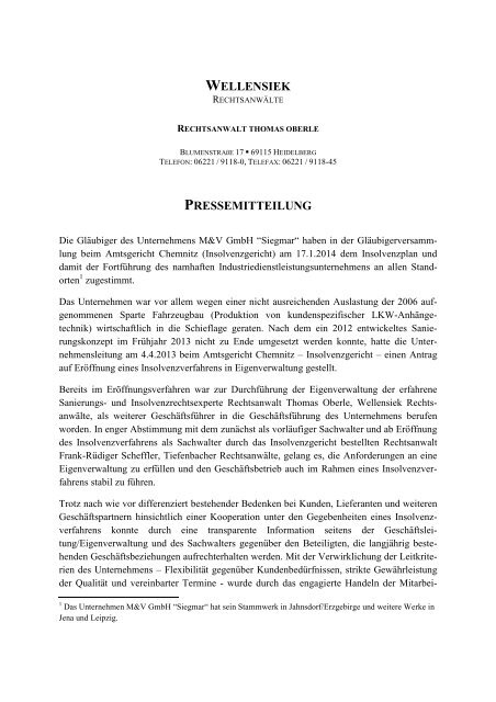 Pressemitteilung M&V GmbH - WELLENSIEK RECHTSANWÄLTE ...