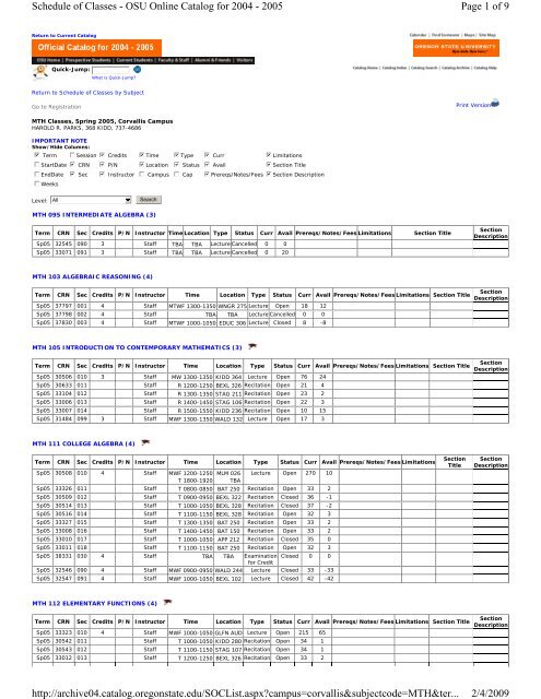 of 9 Schedule of Classes - Oregon State University