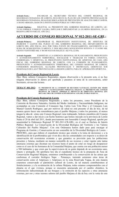 acuerdo de consejo regional nÂº 011-2011-se-grl - Gobierno ...