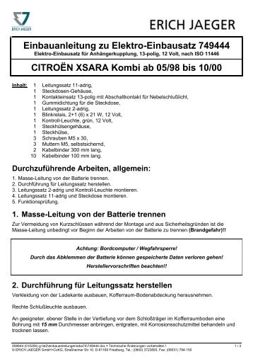 Elektrosatz für Citroen Xsara Break - Anhängerkupplung