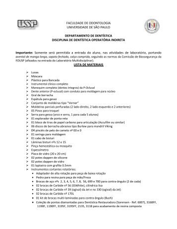 Lista de material - Faculdade de Odontologia