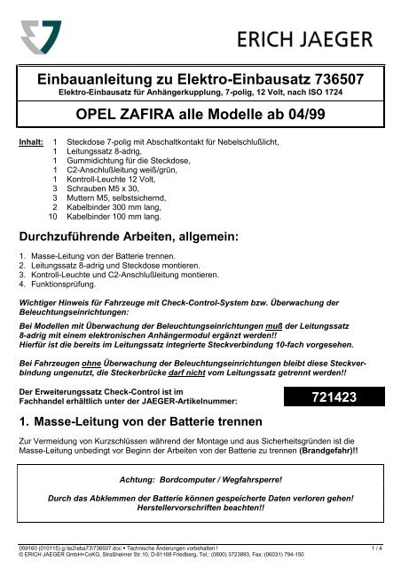 Einbauanleitung zu Elektro-Einbausatz 736507 OPEL ZAFIRA alle ...