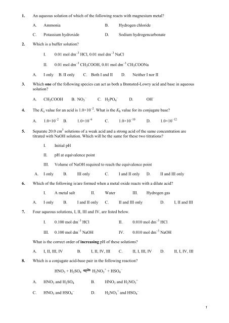 Practise questions on acid bases