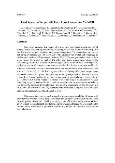 Final Report on Torque with Cross Force Comparison No. MT01 ...