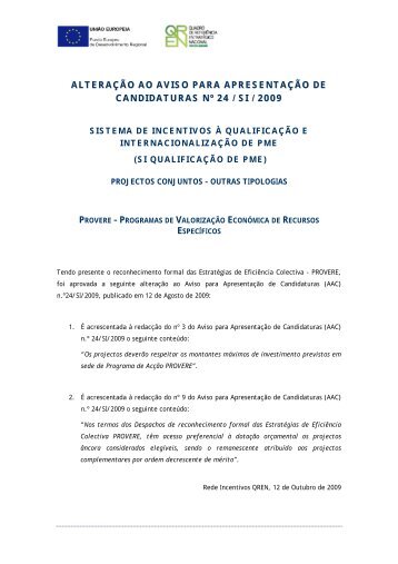 Alteração ao Aviso para a Apresentação de Candidaturas n ... - QREN
