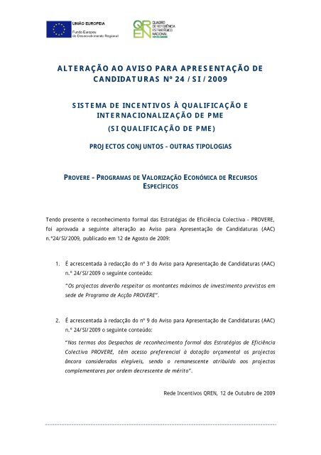 Alteração ao Aviso para a Apresentação de Candidaturas n ... - QREN