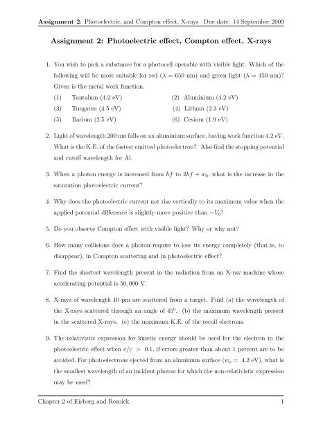 Assignment 2: Photoelectric effect, Compton effect, X-rays