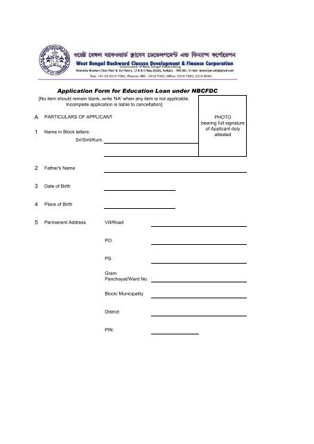 A Application Form for Education Loan under NBCFDC - Wbbcdfc.org