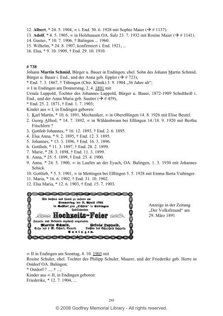 Ortsfamilienbuch Endingen 1600 - 1940 - Godfrey Memorial Library