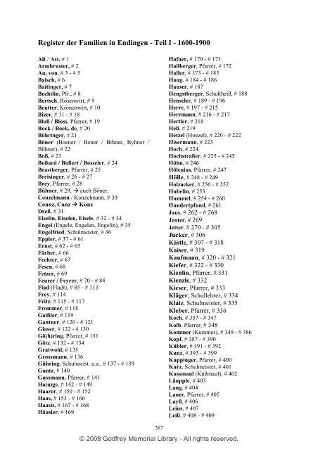 Ortsfamilienbuch Endingen 1600 - 1940 - Godfrey Memorial Library