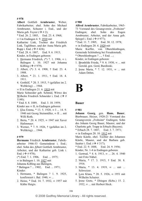 Ortsfamilienbuch Endingen 1600 - 1940 - Godfrey Memorial Library